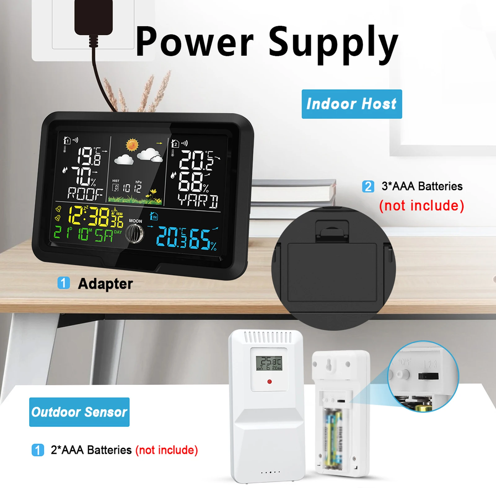 محطة الطقس ميزان الحرارة الرقمي مع جهاز استشعار HD VA عرض محطات الطقس المنزلية مقياس دقيق لدرجة الحرارة والرطوبة