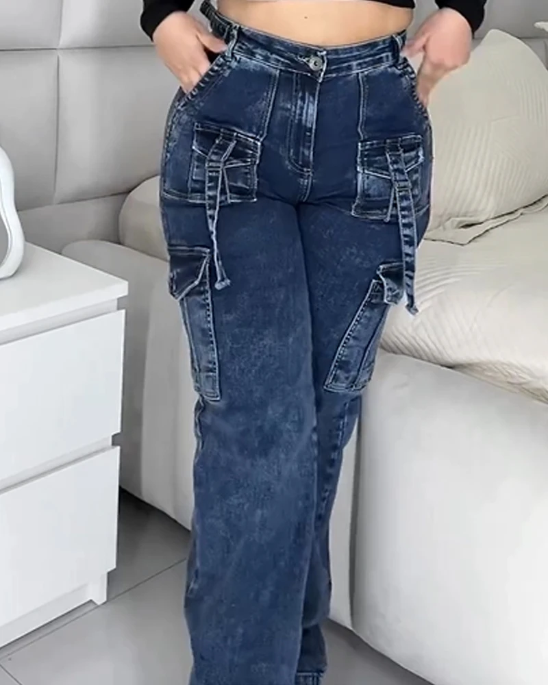 Street Vintage Multi-pocket Straight Leg Jeans Washing Baggy Denim Pants Women Y2K Harajuku Gothic Casual Wide Leg Trousers