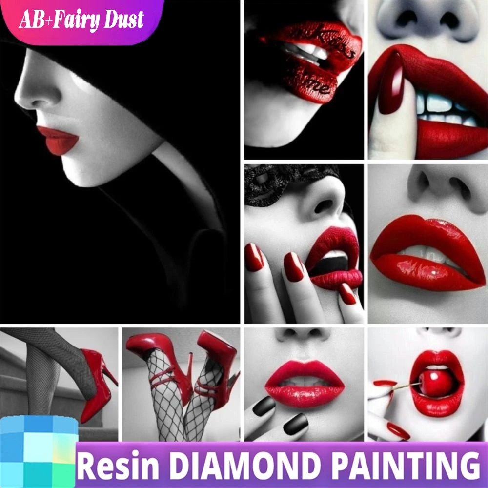 الراتنج AB الجنية الغبار أبيض وأسود أحمر الشفاه كامل مربع DIY بها بنفسك امرأة صورة الماس اللوحة فسيفساء عبر غرزة ديكور المنزل هدية