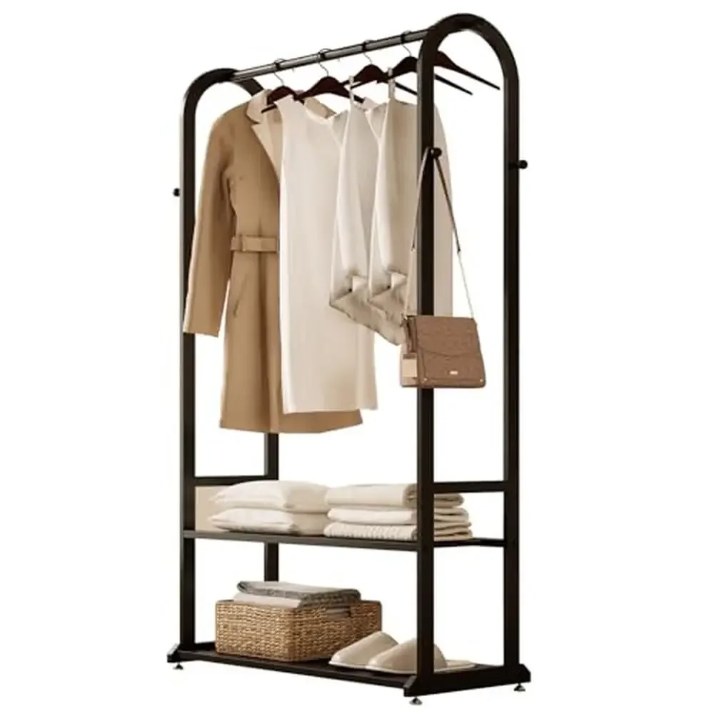 Black Metal Garment Rack with Shelves Hanging Clothes Wardrobe Organizer Coat Shoe Hat Storage Solution Stand Display Shelf Unit