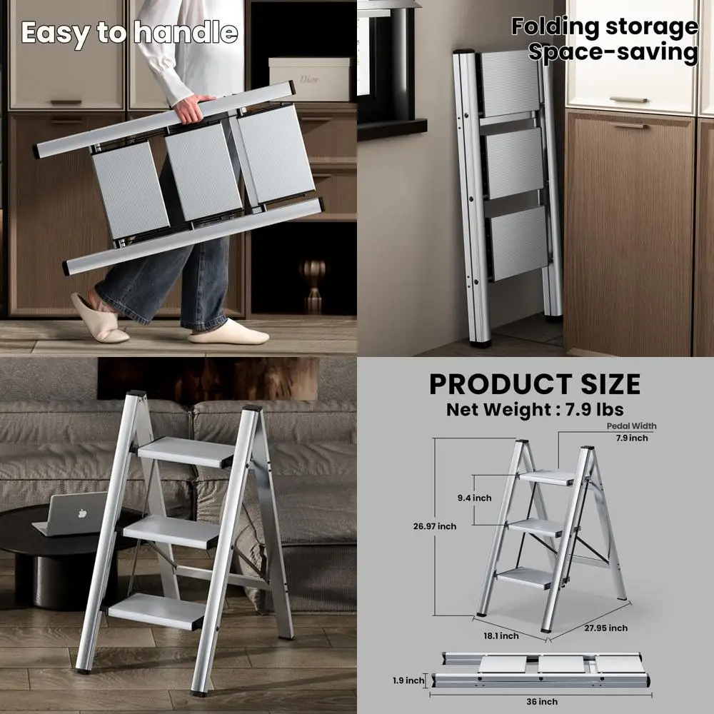 

3-ступенчатый табурет, алюминиевая складная стремянка, легкий устойчивый табурет с широкими нескользящими педалями, лестница емкостью 330 фунтов