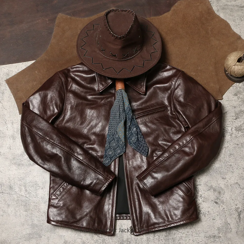 1930 Collared Slim Fit Genuine Leather Jacket, Waxed Glossy Soft Thin Goatskin Coat Washed Vintage Distressed Leather Outerwear - view 3
