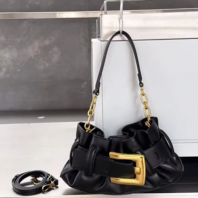 

2025 New Niche Design Pleated Metal Belt Buckle Shoulder Bag for Women 2k Cool Girls High Quality Commuter Underarm Bag Female