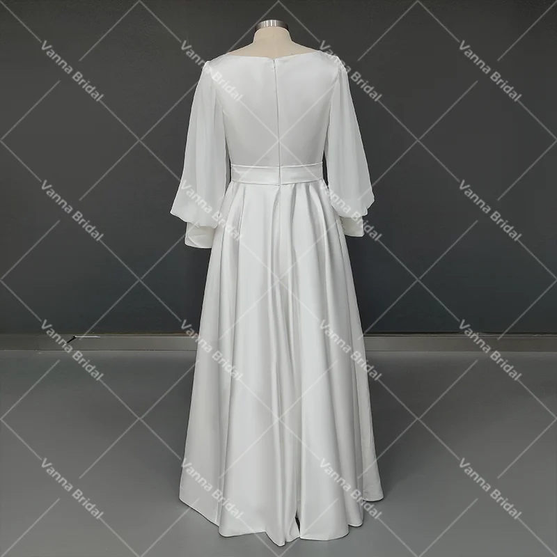 Off Shoulder Ruched szyfonu długie rękawy panna młoda suknie Custom Made 2021 Plus rozmiar linii przyciski druhna suknie ślubne