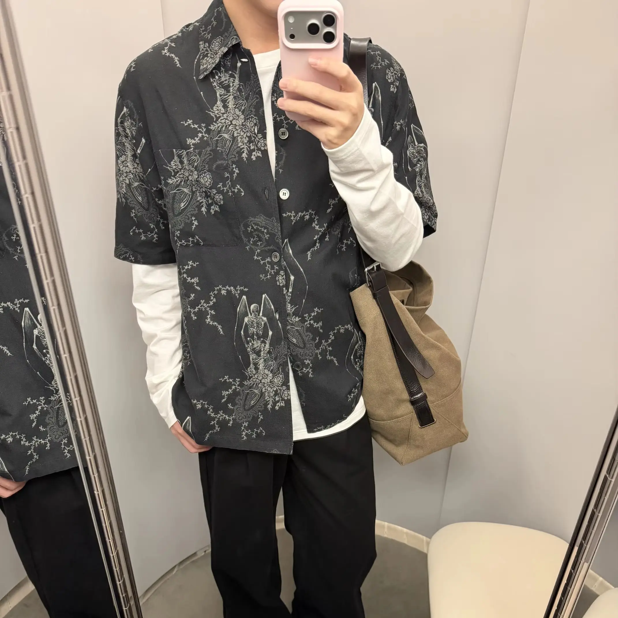 American Retro Skull Angel Print Short Sleeve Shirt Men Linen Cotton Blend Loose Fit Streetwear Daily Street Shooting Top