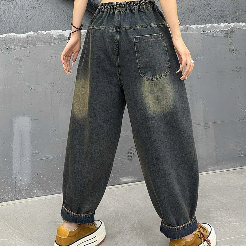 Masss Wasss European Fashion Jeans Womens Autumn Vintage Denim Pants Ladies Casual Loose Patchwork Elastic Waist Harem Trousers