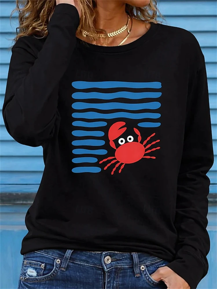 Women's Autumn Crew-Neck Long-Sleeve T-Shirt Red Crab Blue Stripe Print Outdoor Street Style Simple Stylish Casual Top