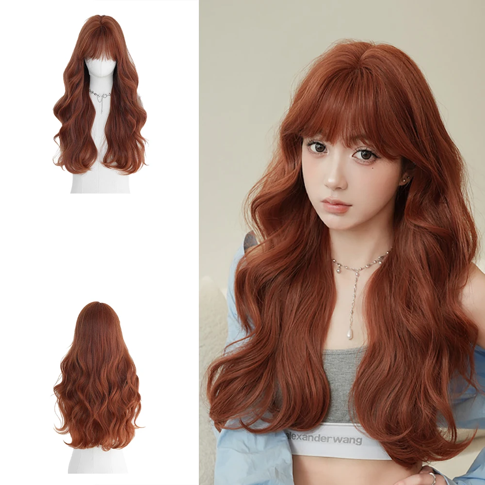 شعر مستعار اصطناعي طويل مجعد مع غرة ذهبية وبنية، شعر مستعار رقيق ومقاوم للحرارة مناسب للحفلات اليومية النسائية