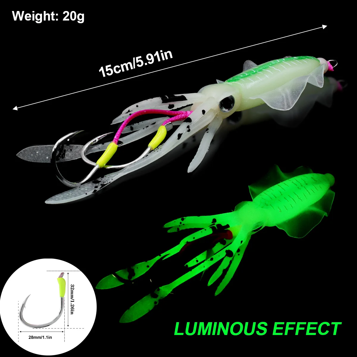 ZYZHE Soft Squid String Hook with Double Sea Fishing Hooks Saltwater Boat Fishing Fakebait Hooks Luminous String Hook Tackle