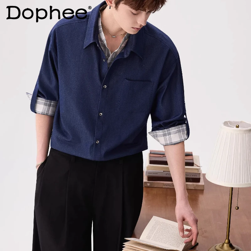 

Men's 2026 Spring New Ice Silk Denim Splicing Plaid Double Neck Tops Male Handsome Unique Long Sleeve Shirts Men's Trendy Shirts