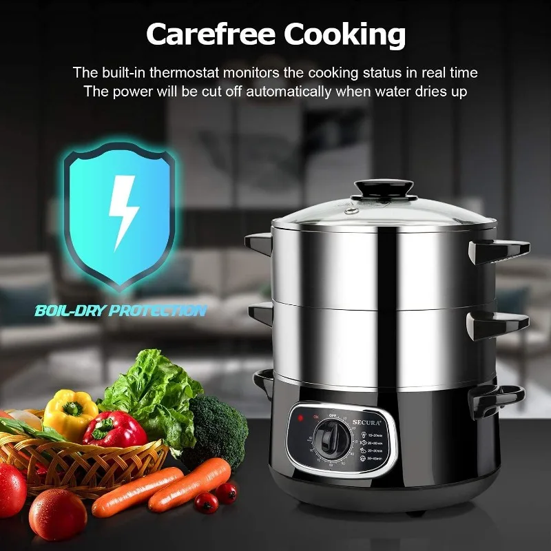 2 Steamer makanan Stainless Steel, 8.5 Qt tutup kaca sayuran Steamer berjenjang ganda dengan Timer