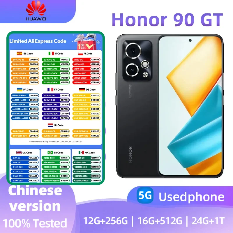 Honor 90 GT 90GT SmartPhone Snapdragon 8 Gen 2  Octa Core 6.7inch  120Hz Screen 5000mAh 100W 50MP  Camera NFC Used Phone