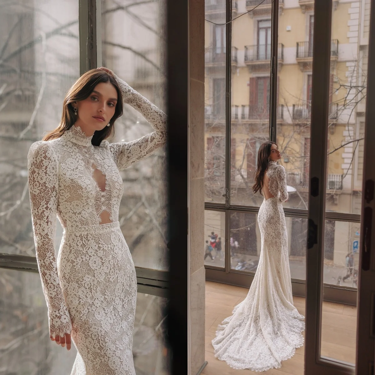 

Элегантное женское свадебное платье-русалка с кружевными аппликациями, сексуальное, с высоким воротом, без спинки, для торжественных мероприятий, на заказ