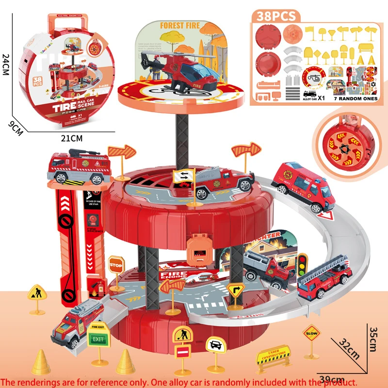 Kids' Pretend Play Sticker Fire Truck Carry Case Gift Box, Parking Lot Playset Toy For Fun Role-Play Games