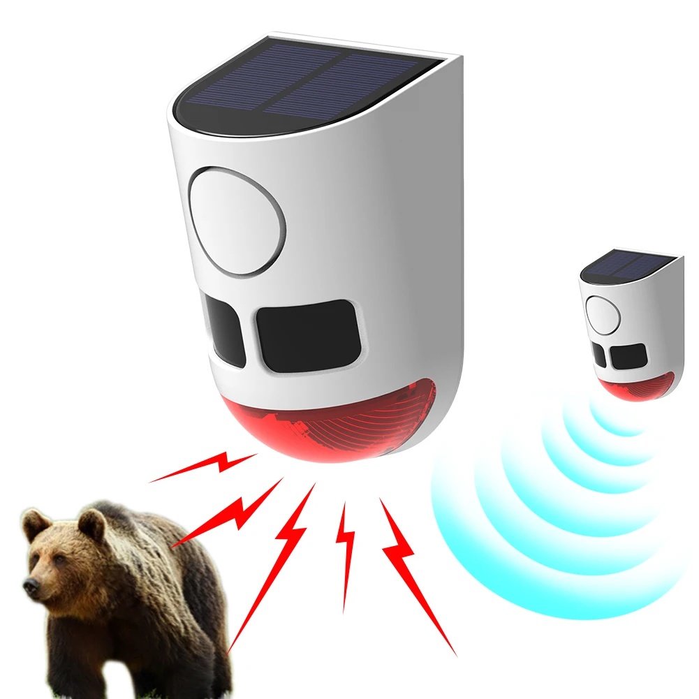 

Solar Outdoor Motion Sensor Alarm Home Security Alarm with Strobe Light Animal Repeller To Deter Raccoon Deer Skunk Bear Coyote