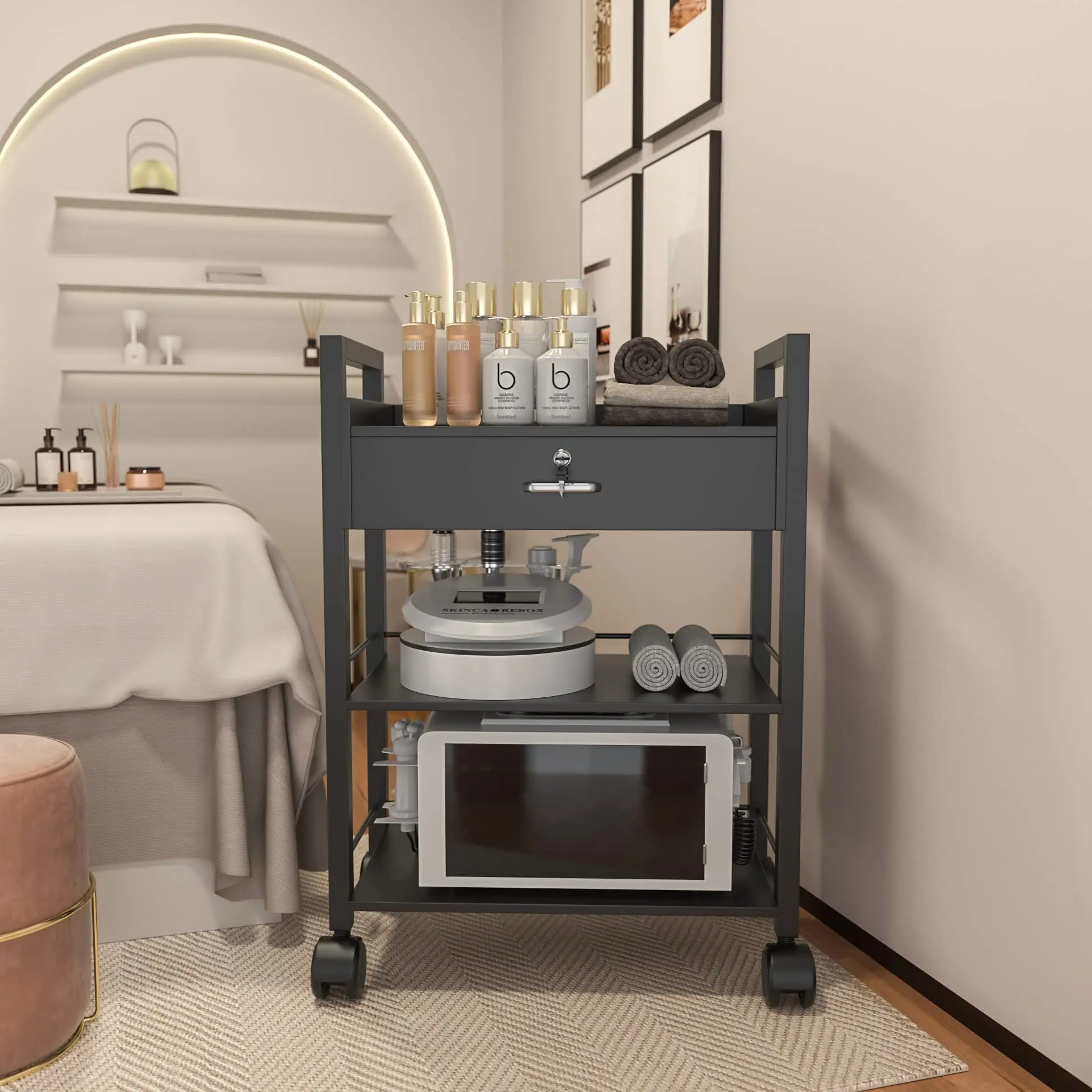 Salon Trolley Cart, Salon Tray Wooden Mobile Utility Cabinet with 1 Drawer 2 Trays, Rolling Storage Station Medical