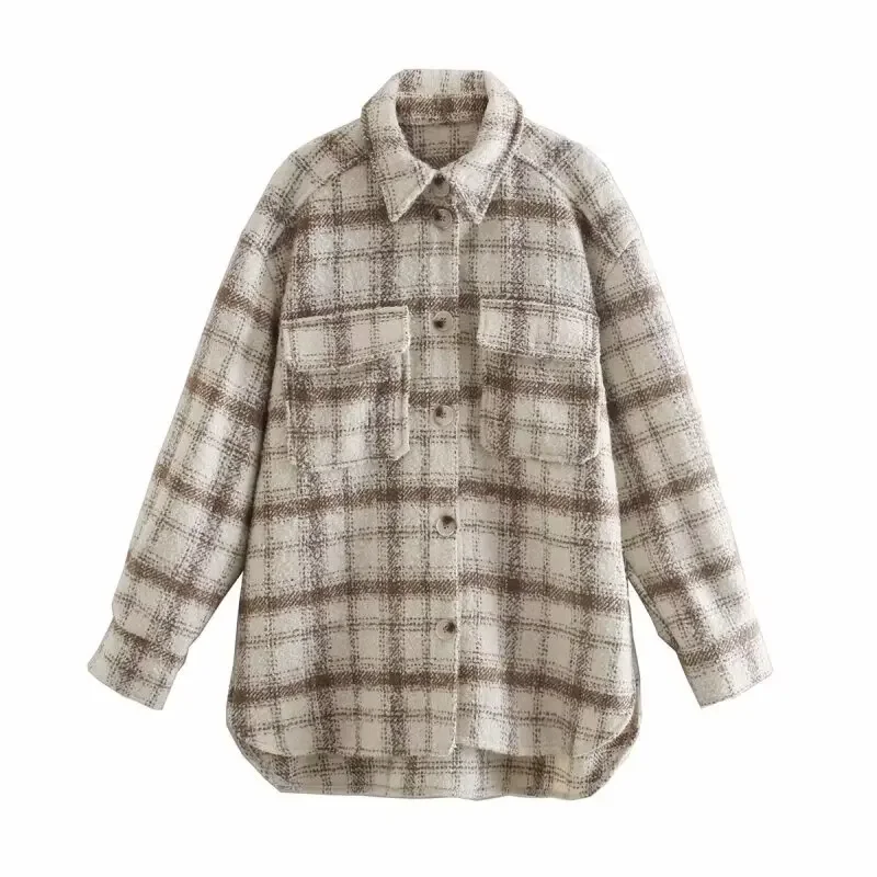 

Turn-down Collar Shirt Coat Jacket Fashionable Autumn Winter Full Sleeves Streetwear Clothing Tops Plaid Pattern Two Color