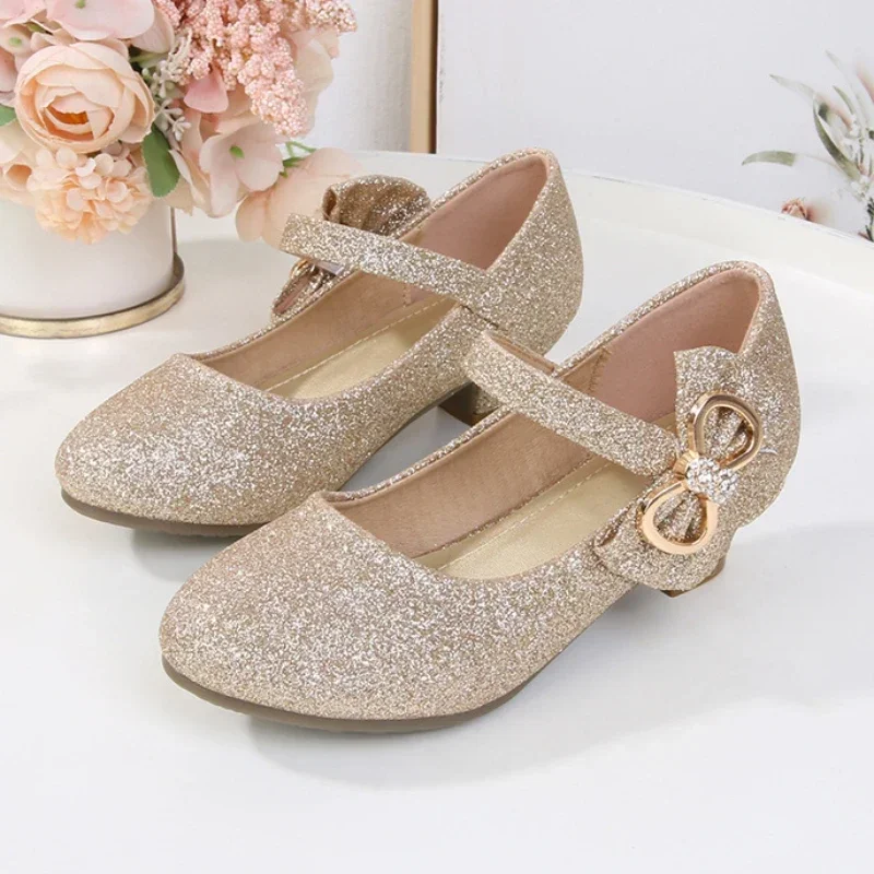 Girl Princess Leather Shoes Children's High Heels Fashion Sequins Bow Tie Student Performance Dance Shoes 3-12 Years Old