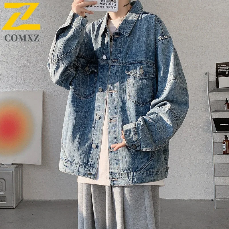 

COMXZ Mens Jacket Washed Vintage Wave Jacquard Denim Jacket Men Camping Windproof Plus Size Coat Spring and Autumn Clothing