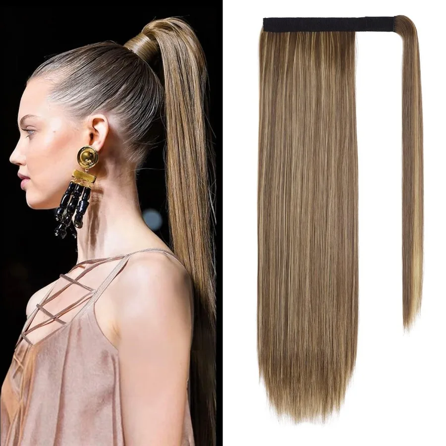 Clipin-extensión de cola de caballo envolvente, cola de caballo larga y recta, postizo sintético suave Natural para mujer, 28 pulgadas, marrón, Rubio ceniza