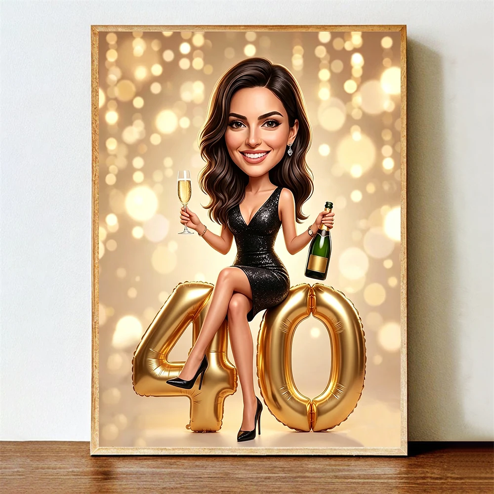 Custom Lady Birthday Cartoon Portrait Poster Custom Caricature Portrait Prints 30 40 50 Birthday Canvas Painting Party Gifts