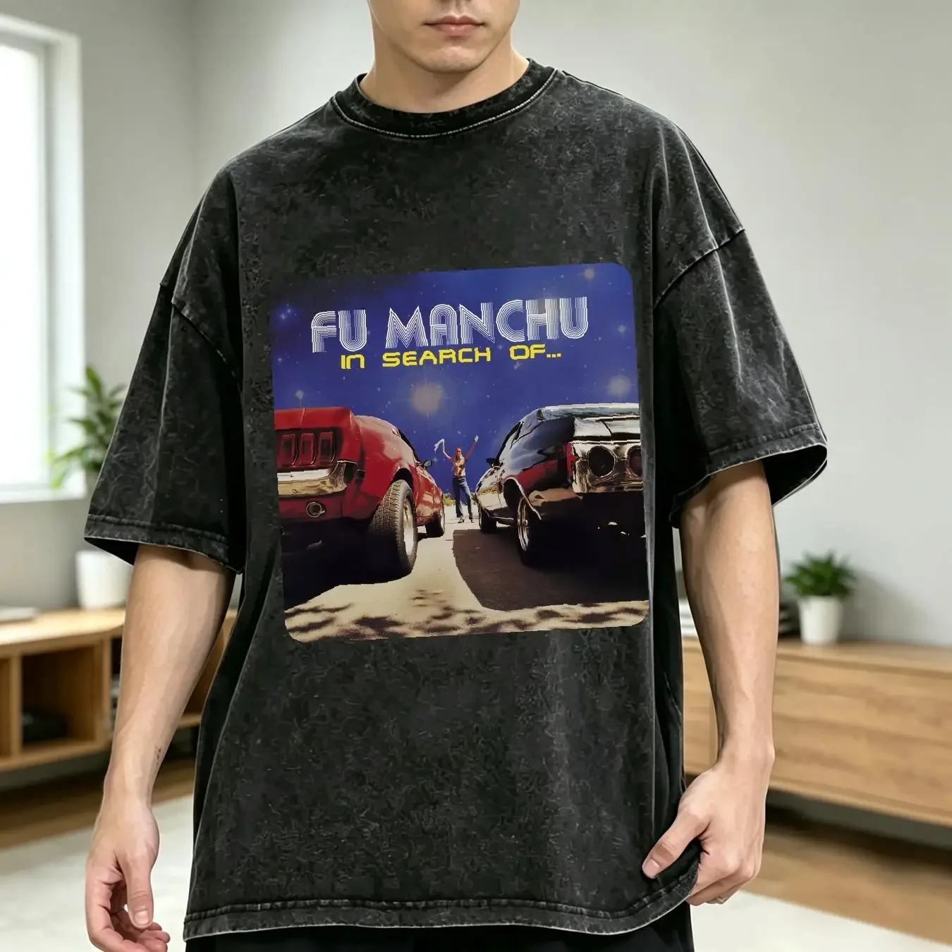 washed T Shirt In Search Of Fu Manchu Rock Band Clone the Universe Gigantoid vintage Washed Casual fashion Stylish streetwear