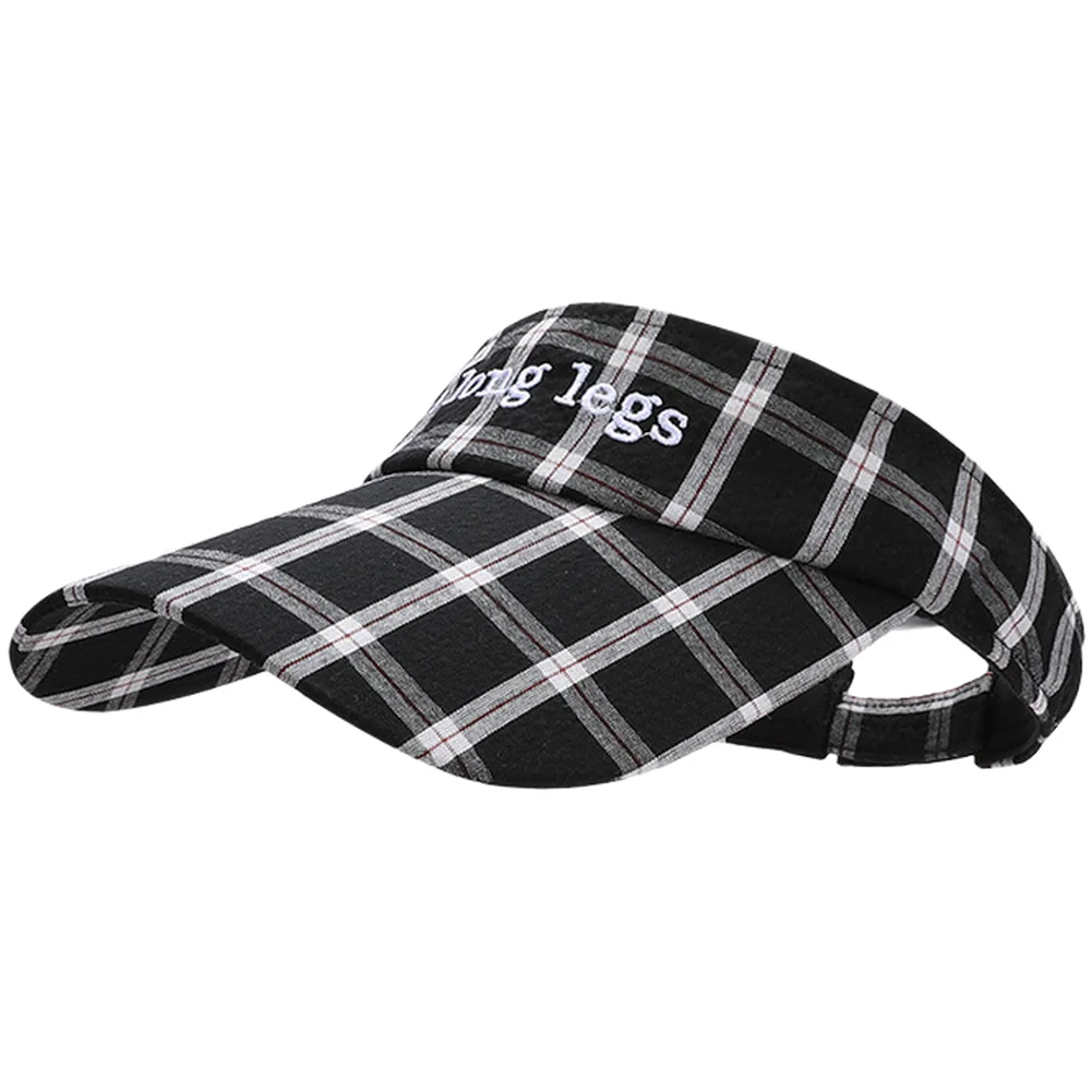 Korean Embroidered Sun Hat for Women Check Pattern Cotton Brimless Hat Summer UV Protection 9.5cm Wide Brim Breathable