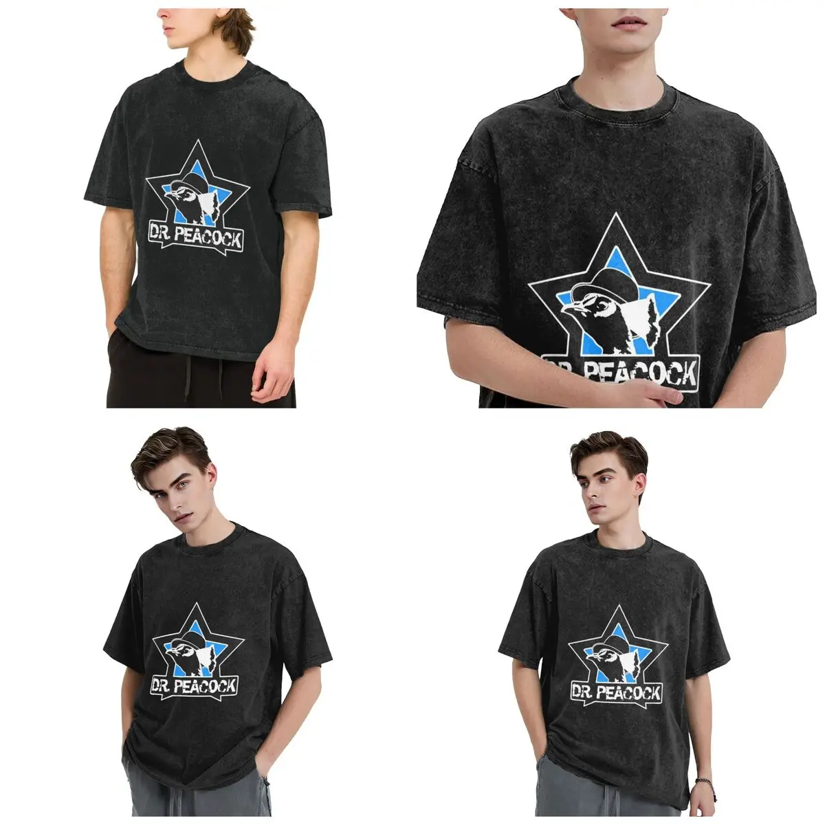 Dr. Peacock Hip Hop Short Sleeve T-Shirts Washed Tops Tees Streetwear T Shirt Harajuku for Men Women