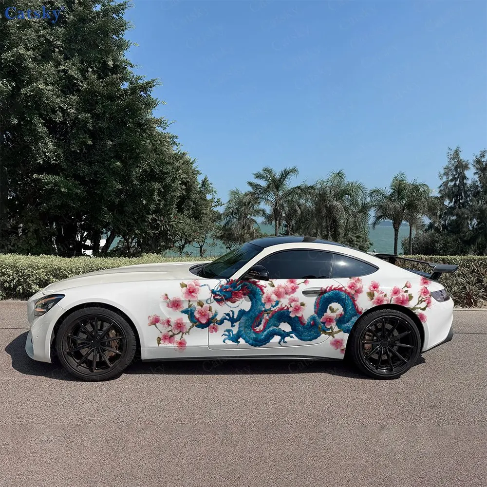 2pcs Dragon And Flower Sticker, Durable, Fade-resistant, Enhance The Beauty Of Your Vehicle Bold Art Design Car Vinyl Wrap