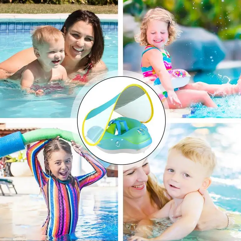 Flotador de natación para niños pequeños, anillo flotante para piscina con dosel para el sol, asiento inflable para deportes al aire libre, entrenador de 3 a 36 meses