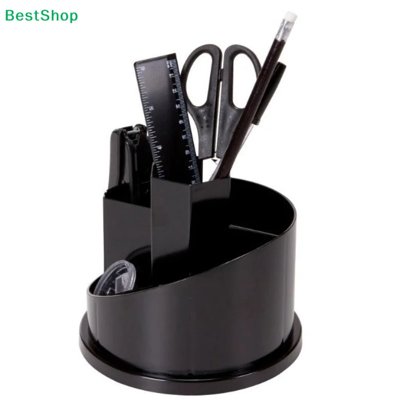 〔Z〕360° Rotatable Black Desk Pen Holder, Multi‑Slot Desktop Stationery Organizer Storage Caddy for Office Home