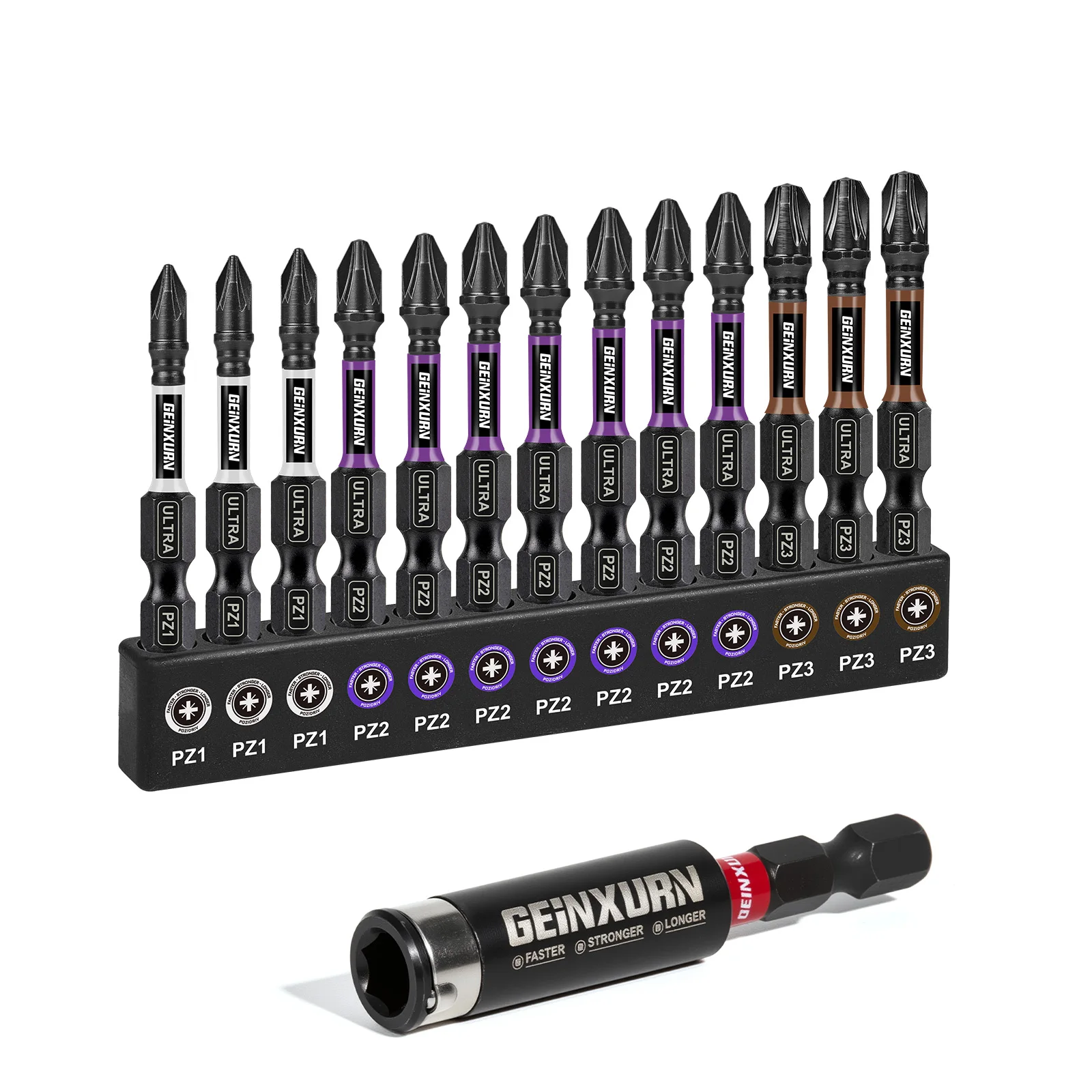 

Geinxurn Impact Pozidriv Screwdriver Bits Set(PZ1/2/3), 2'' Magnetic S2 Steel Bits Set and Impact Bit Holder with Color Coded