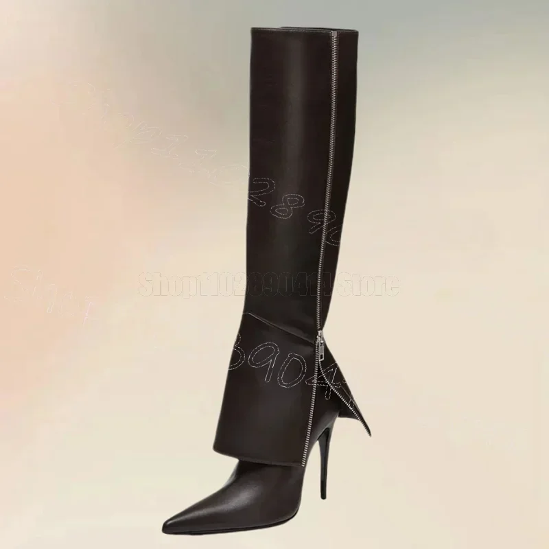 

Zipper Decor Black Turned Over Pointed Toe Boots Slip On Women Shoes Thin High Heels Party Feast Dating 2025 Zapatos Para Mujere