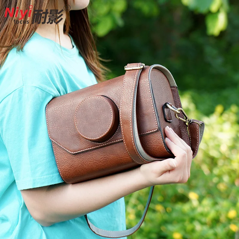 Camera Bag Retro PU Leather Storage Bag with Strap for DJI Pocket3 Fujifilm XM5 Sony ZVE10 Canon Leica Ricoh Nikon Panasonic