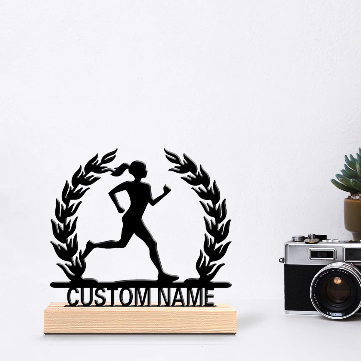 1pc runner Custom Letter Metal Statue Metal Ornament Art Figurine With Wood Base Metal Sculpture With Wood Base Home Table