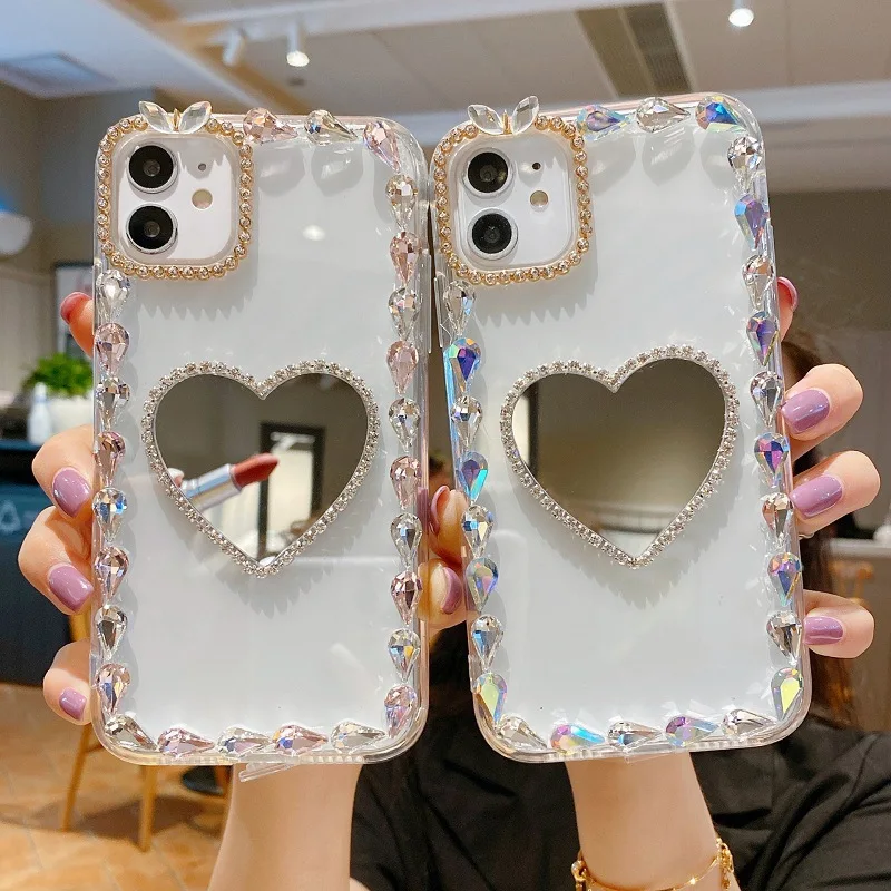 

Makeup Mirror Case for iPhone 14 15 Plus 11 12 13 16 Pro Max MiNI Cover Bling Glitter Diamond Capa Bumper for Women