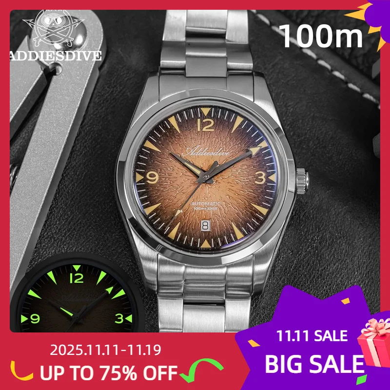 Reloj ADDIESDIVE AD2508 para hombre con revestimiento AR, reloj de acero inoxidable con espejo de burbuja y cristal, reloj mecánico automático con gradiente 2025