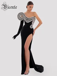 VC Formal Party Dresses For Women Sexy Strapless Crystal Design Black Velvet High Slit Maxi Long Gown With Gloves