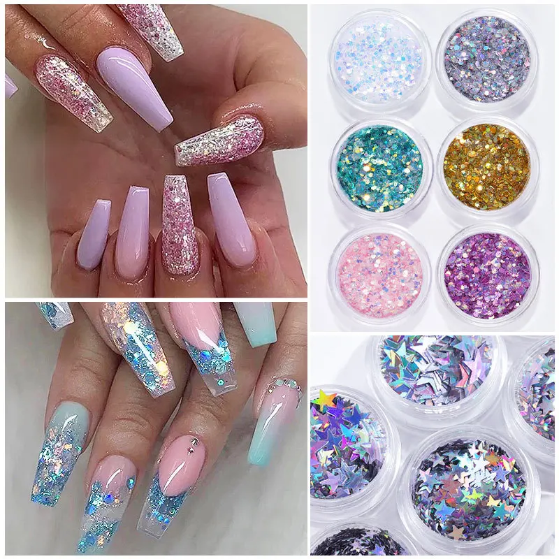 6pcs/Set Sparkly Holographic Nail Glitter Sequins Powder Set Pigment Dust DIY Manicure Decorations For Acrylic Press On Nails