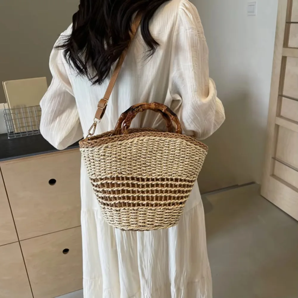 

Ins Sweet Weave Straw Bag Large Capacity Casual Bucket Shoulder Bag Commuting Streetwear Beach Tote Bag Travel