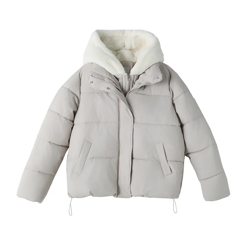 Women Short Parkas Coats Spliced Jacket Zipper Pocket Hooded Faux Layered Drawstring Long Sleeves Office Lady Casual 2025 Winter