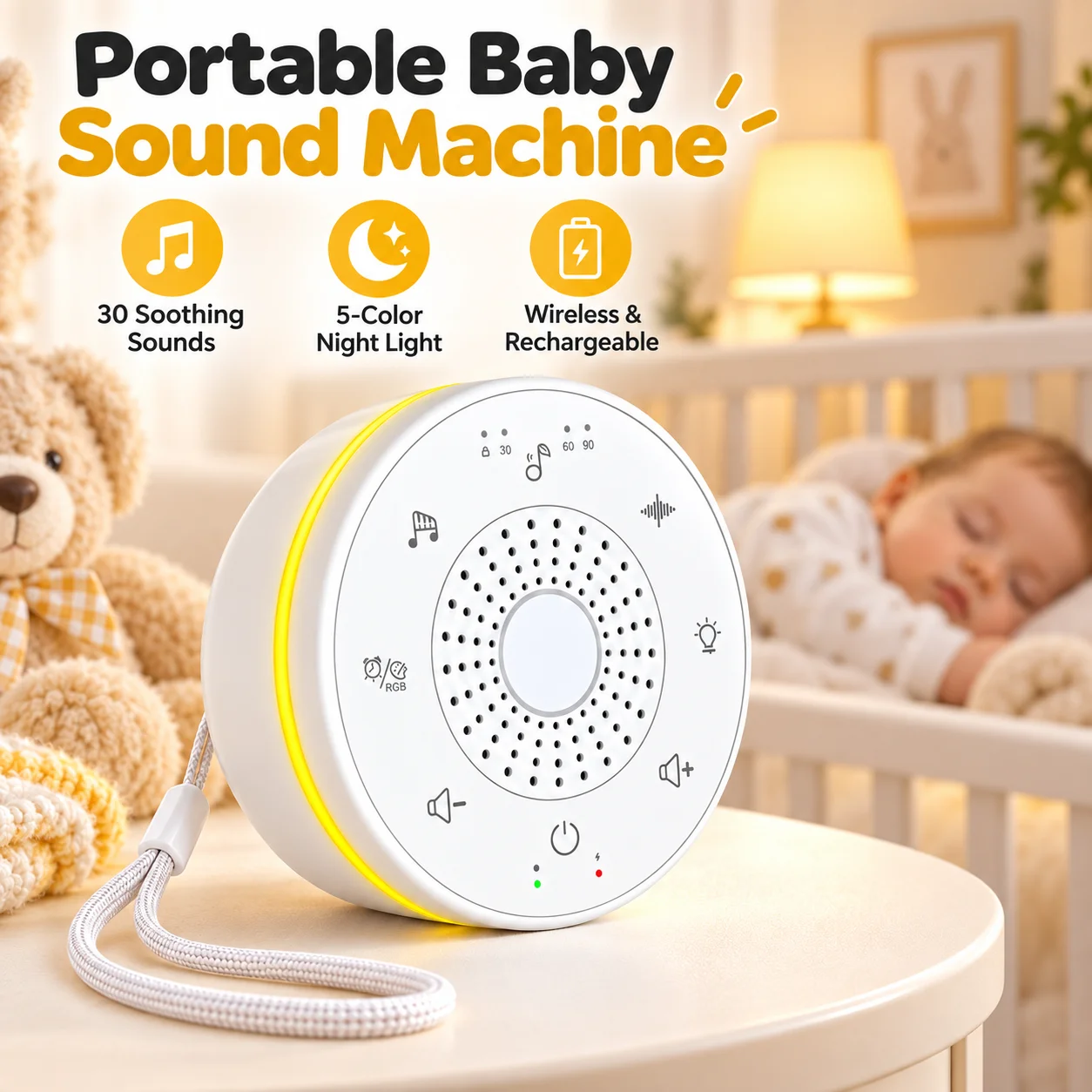 Baby White Noise Machine With Night Light, 30 Soothing Sounds, Portable Rechargeable Sleep Soother, Timer, Memory, Child Lock