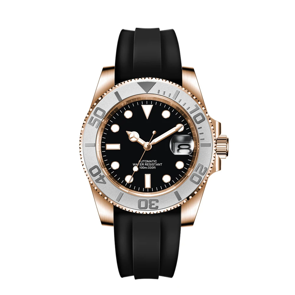 شعار مخصص فاخر NH35/ميوتا ساعة رجالية 40mm أوتوماتيكية ساعات المعصم الميكانيكية الغوص ساعة الياقوت السيراميك ارتفع الذهب شريط مطاطي