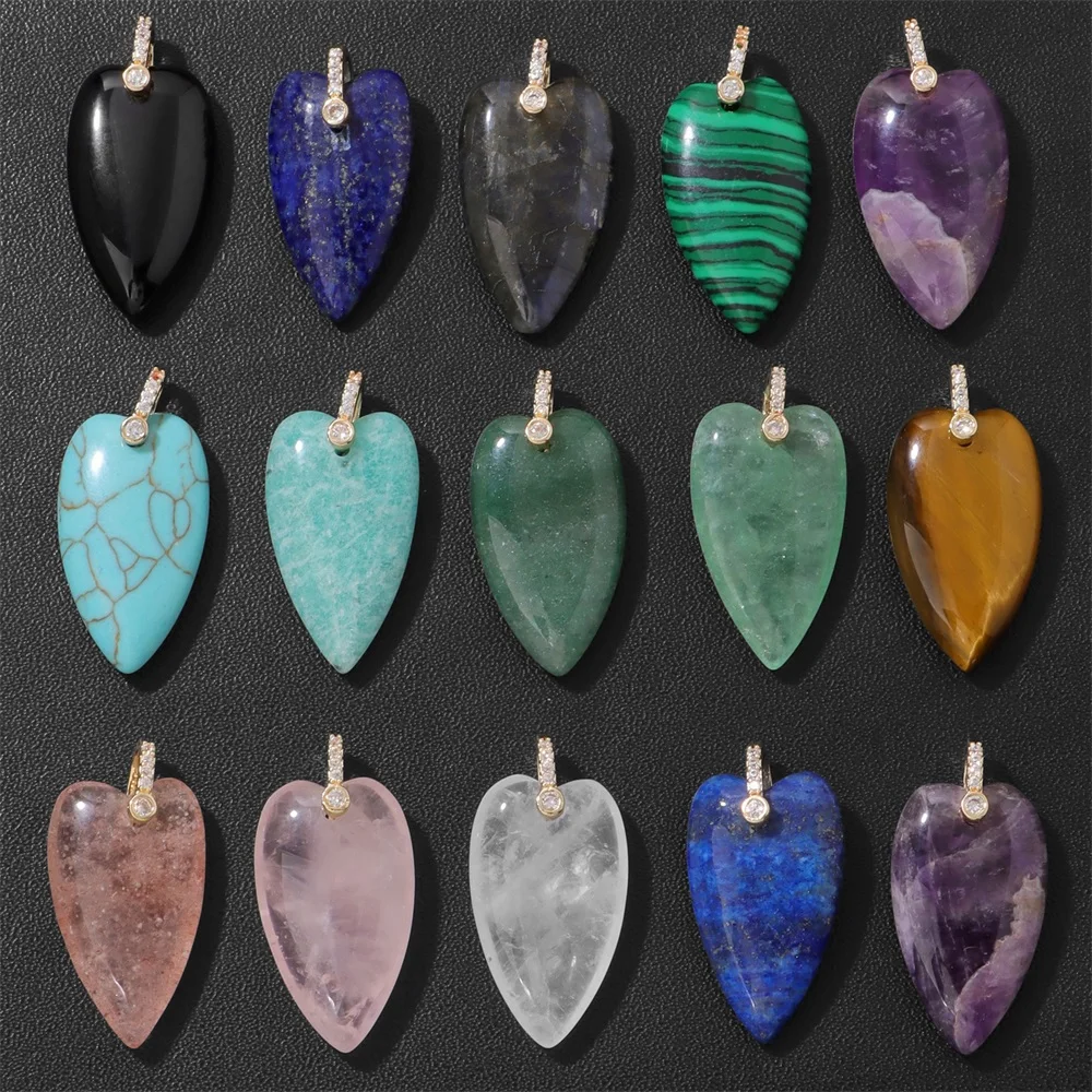 2PCS Natural Stone Heart Pendants 16X27MM Polished Quartz Amethyst Lapis Lazuli Charms with CZ Bail For Jewelry Making Necklace image 2