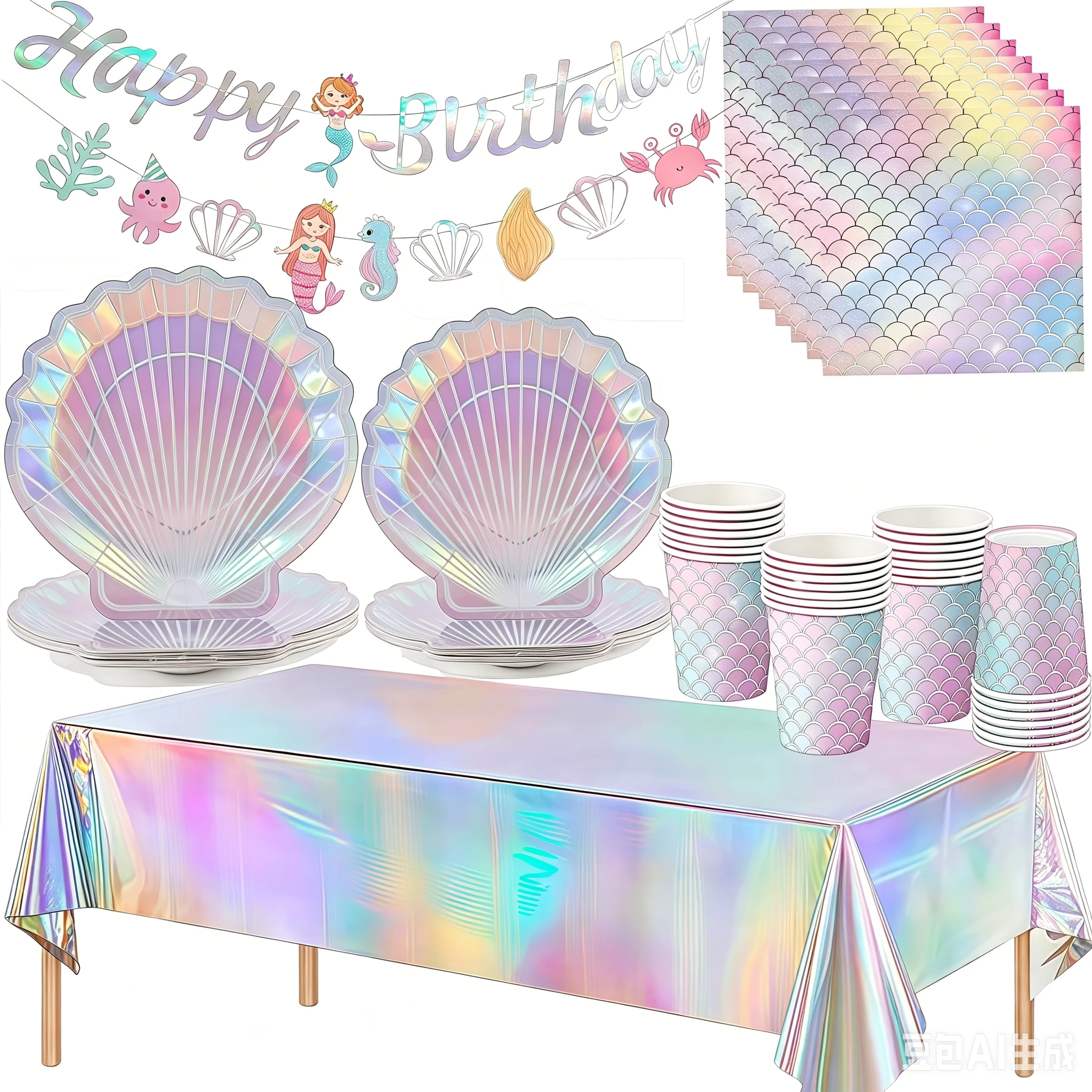 Meerjungfrau Party Supplies Meerjungfrau Geschirr Set Muschel Pappbecher Teller Serviette Farbverlauf Meerjungfrau Geburtstag Party Dekoration Babyparty