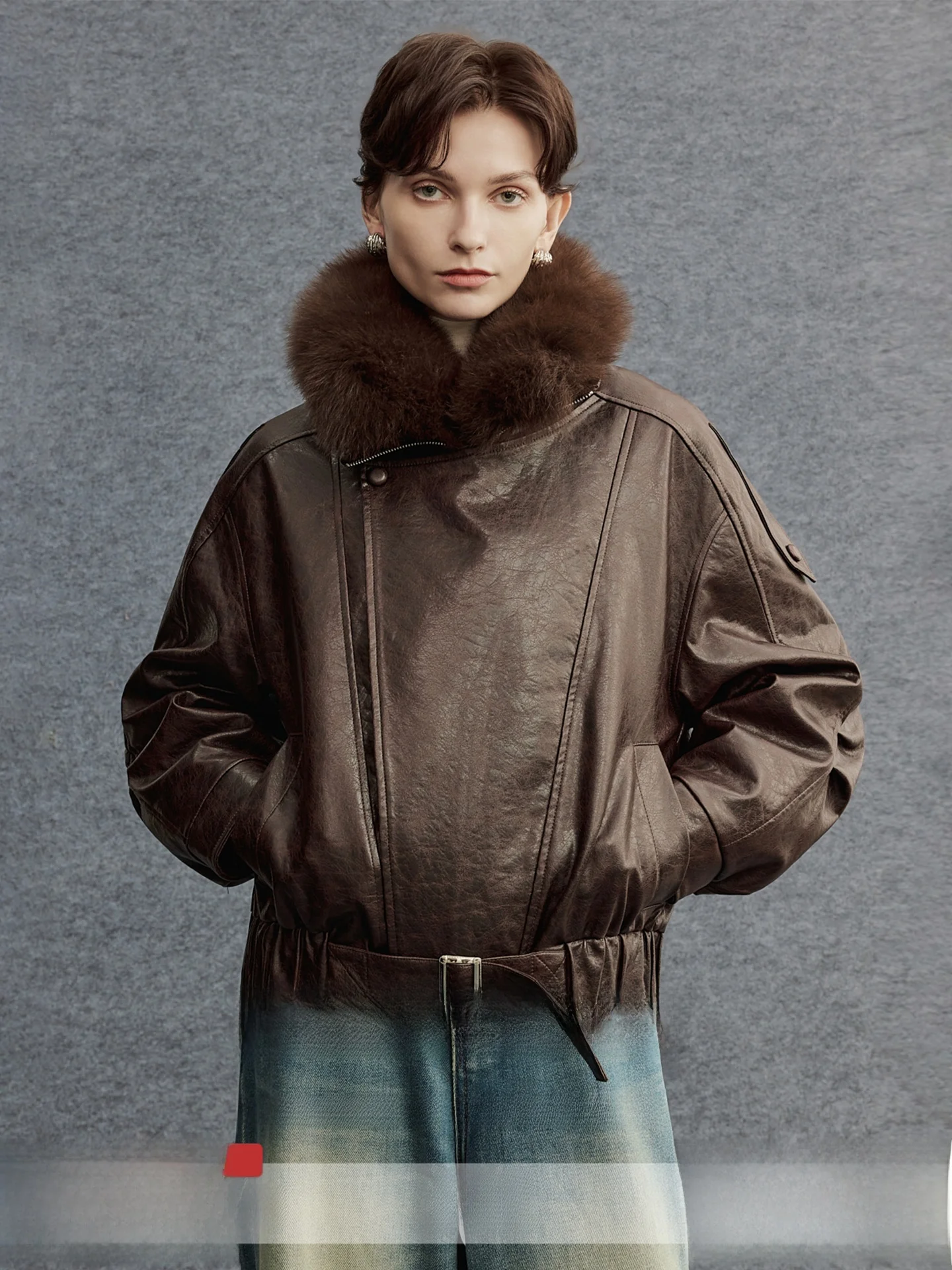 

Miiine Heavyweight ort Fur Jaet Detachable Collar Loose Punk Sle Goose down Coat Warm Thiened Leather And Fur Inteated