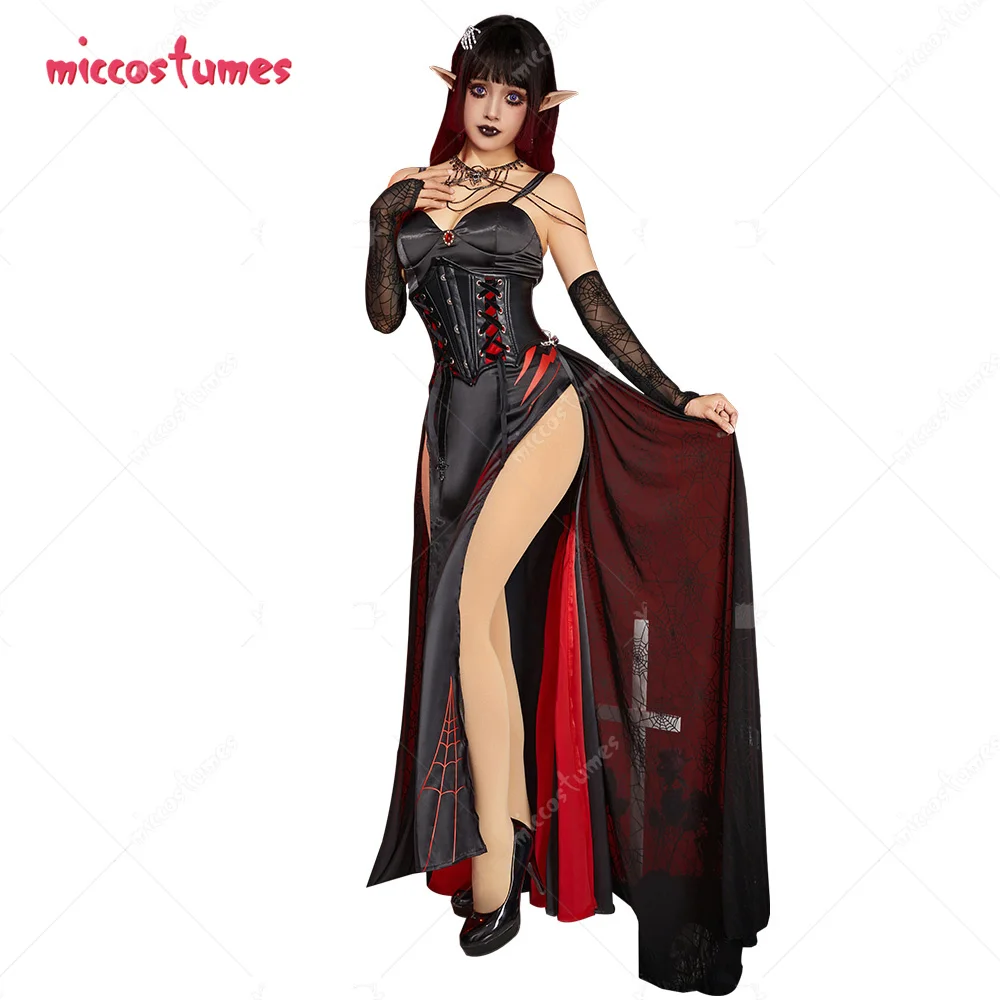 

Miccostumes Halloween Women Sexy Vampire Spider Costume Dark Gothic High Slit Dress Outfit with Sleeves Necklace