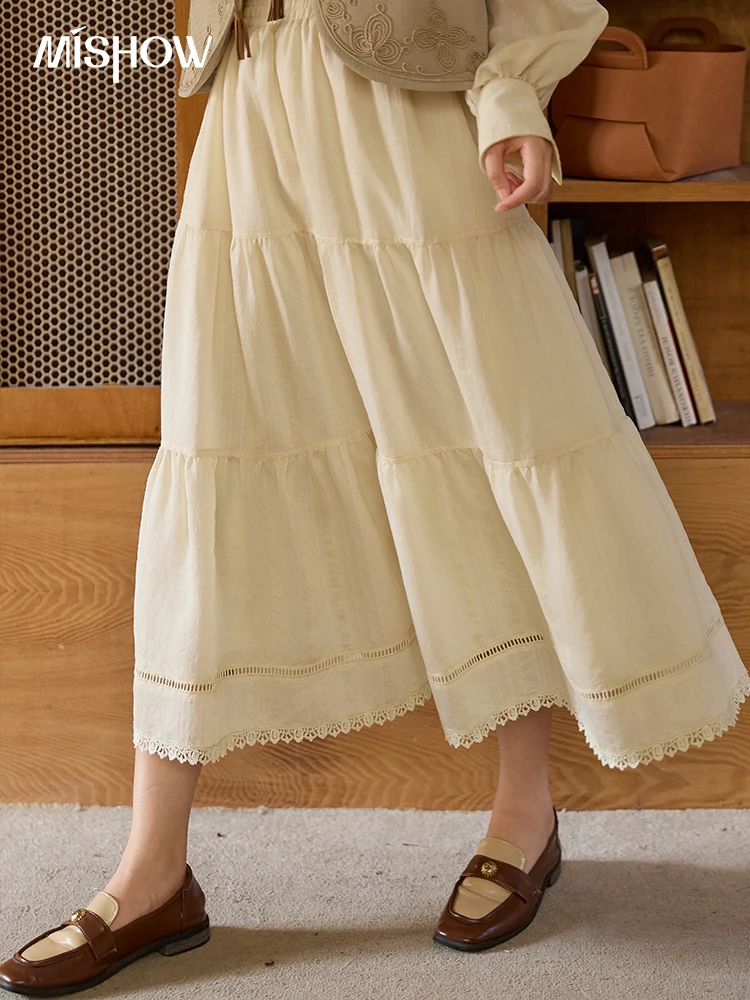 

MISHOW женская французская абрикосовая юбка, осень 2022, милая кружевная юбка-миди с высокой талией и подолом, юбка трапециевидной формы с эластичной резинкой на талии MXE44B2409