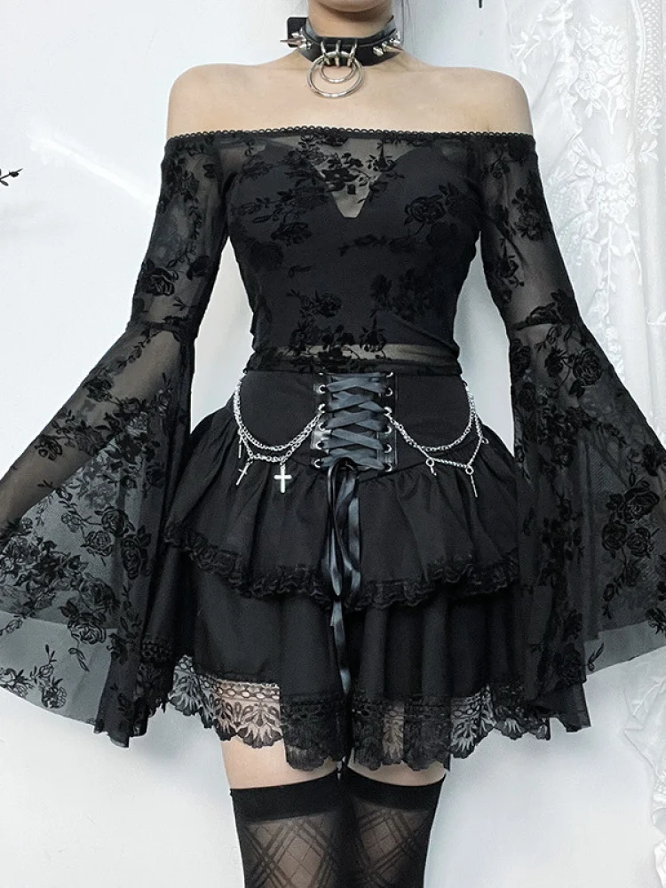 

Gothic Sle Women's Skirt Slim Fit loween Par Trend Double Layer Cross Chain f Skirt Sexy Wave Design Polyester...