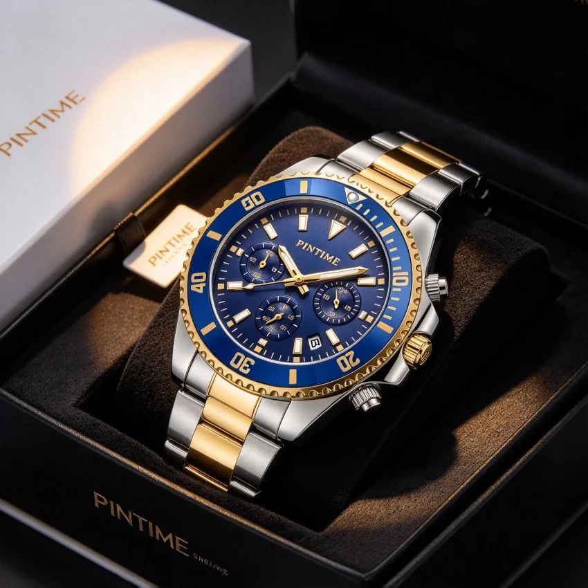 Mens Quartz Wristwatch Three Sub Dials Turning Bezel Multiple Dial and Strap Colors, Link Bracelet Gold Silver Two Tone Sport